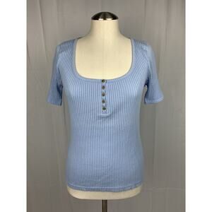 J. Crew Blue Ribbed Henley Short Sleeve Scoop Neck Shirt Top Stretch Small